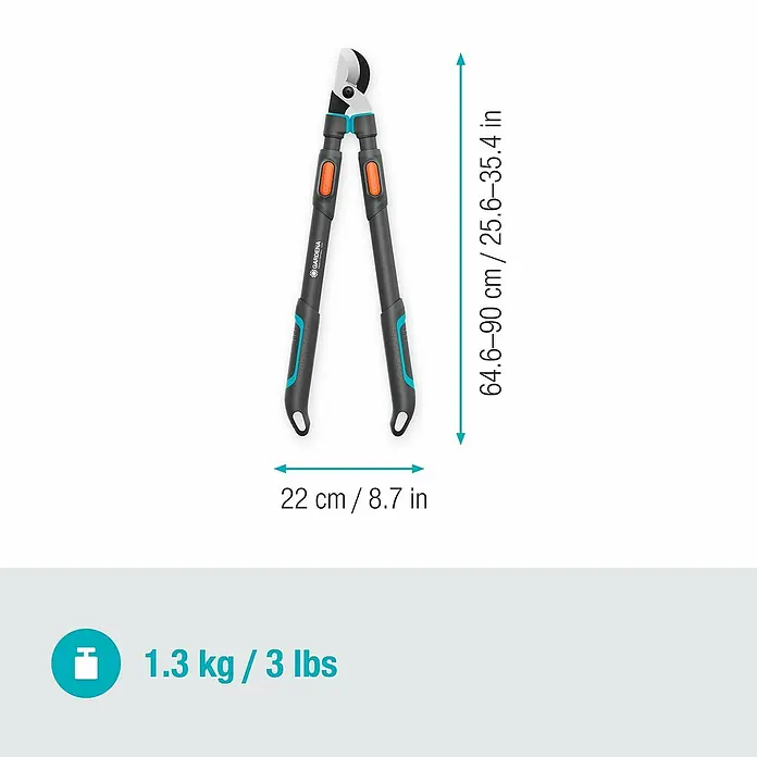 Gardena Astschere TeleCut Pro L - Max. Aststärke: 50 mm - Das Bild zeigt eine Astschere mit Angaben zur Größe und zum Gewicht. Die Schere ist schwarz mit orangefarbenen Akzenten.