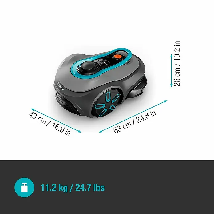 Gardena Mähroboter smart SILENO free - 600 m², Schnittbreite: 22 cm, Satellitengestützte Navigation, GPS - Bild eines Gardena Mähroboters mit Größenangaben und Gewichtsinformationen.
