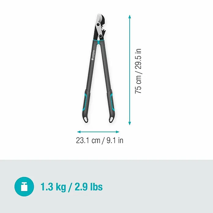 Gardena EnergyCut Astschere Pro L - Schneidsystem Gartenschere: Bypass, Max. Aststärke: 50 mm - Eine Gartenschere mit Größenangaben und Gewichtsangabe.