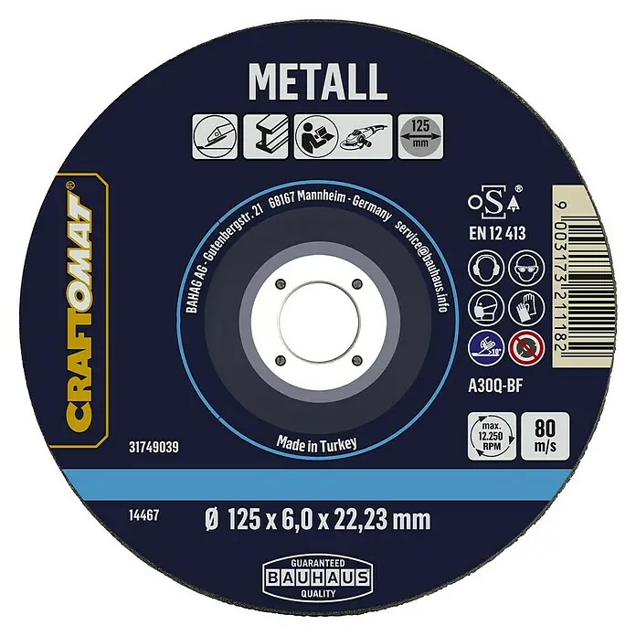 Craftomat Schruppscheibe A30Q-BF - Geeignet für: Metall, Durchmesser Scheibe: 125 mm, Stärke Scheibe: 6 mm - Abbildung einer CRAFTOMAT Metalltrennscheibe mit 125 mm Durchmesser, geeignet für Metallarbeiten und garantiert Bauhaus-Qualität.