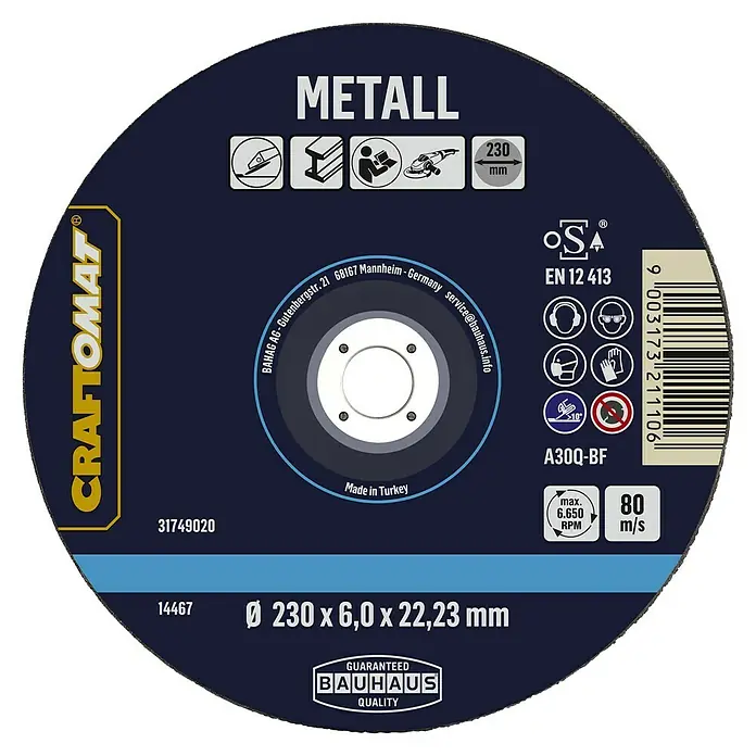 Craftomat Schruppscheibe A30Q-BF - Geeignet für: Metall, Durchmesser Scheibe: 230 mm, Stärke Scheibe: 6 mm - Abbildung einer CRAFTOMAT Metalltrennscheibe, Durchmesser 230 mm, geeignet für Metallarbeiten.