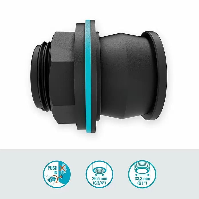 Gardena Anschlussstück Push In G1"-G3/4"Passend für: Wassertanks mit 2-10 mm Wandstärke & Radius von min. 50 cm