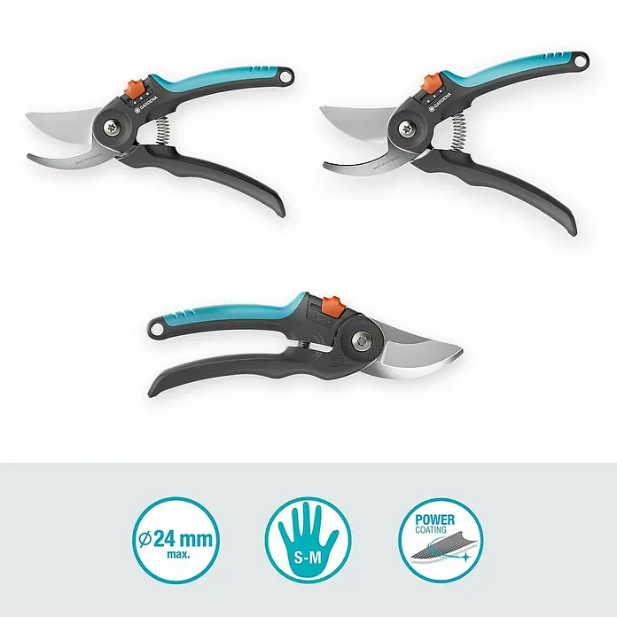 Gardena Gartenschere PremiumCut Flex - Max. Aststärke: 24 mm - Drei Gardena Gartenscheren mit blauen Griffen und Symbolen für max. 24mm Durchmesser, S-M Handgröße und Power Coating.