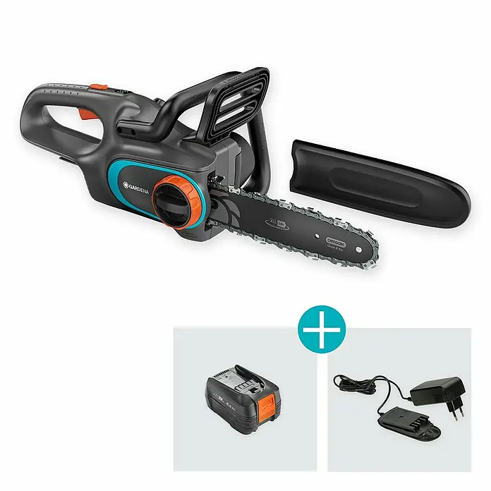 Gardena Power for All 18V Akku-Kettensäge PowerSaw 250/18V - 18 V, 4 Ah, 1 Akku, Schwertlänge: 25 cm - Abbildung einer Gardena Akku-Kettensäge, inklusive Akku und Ladegerät. Ideal für Baumschnitt und kleinere Sägearbeiten im Garten.