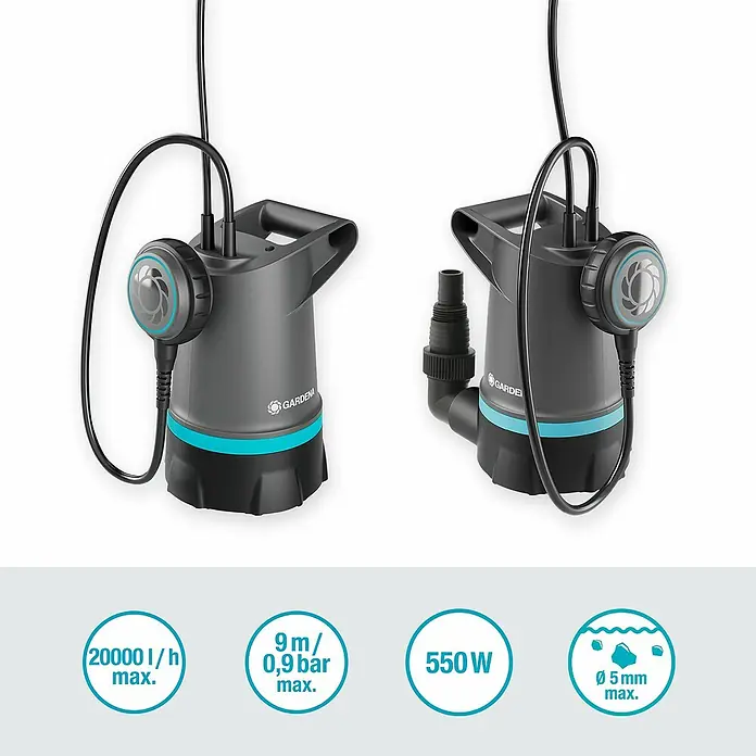 Gardena Klarwasser-Tauchpumpe 20000 Basic - 550 W, Max. Fördermenge: 20.000 l/h - Zwei Gardena Schmutzwasser-Tauchpumpen mit den technischen Daten: 20000 l/h max., 9 m/0,9 bar max., 550 W, Ø 5 mm max. für sauberes oder schmutziges Wasser.