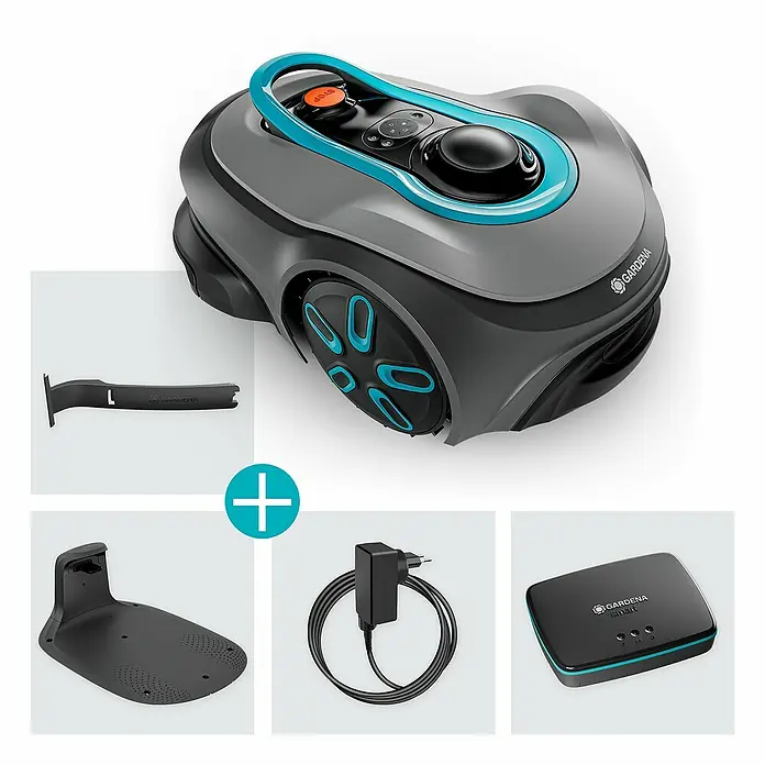 Gardena Mähroboter smart SILENO free - 600 m², Schnittbreite: 22 cm, Satellitengestützte Navigation, GPS - Bild eines Gardena Mähroboters mit Zubehör, inklusive Ladestation, Netzteil, Führungskabel und Gateway für smarte Steuerung.
