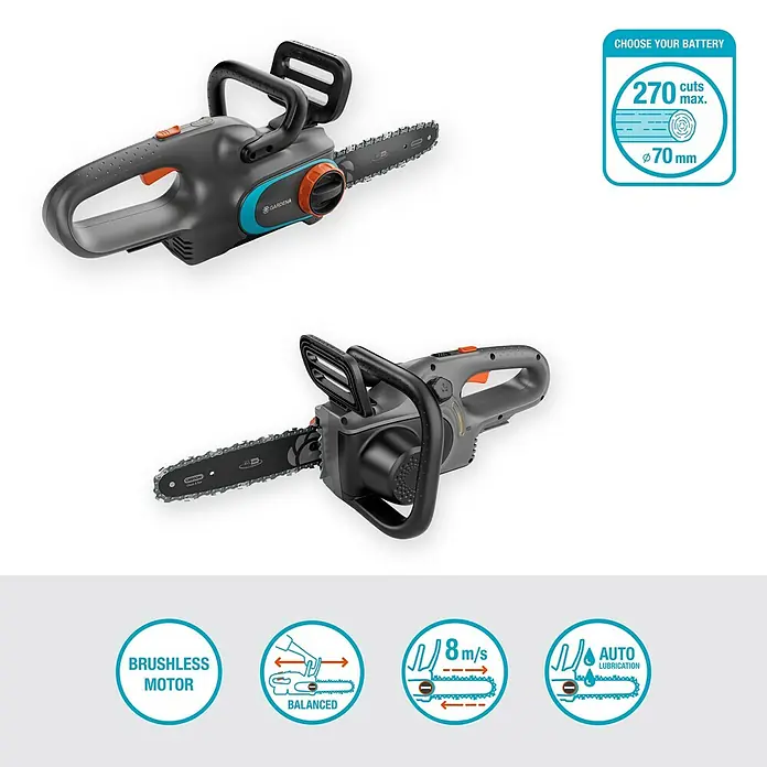 Gardena Power for All 18V Akku-Kettensäge PowerSaw 250/18V - 18 V, Ohne Akku, Schwertlänge: 25 cm - Akkubetriebene Kettensäge von GARDENA mit Hinweisen zu Akkuwahl, Schnittleistung und Eigenschaften wie bürstenlosem Motor.