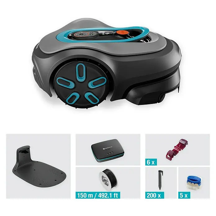 Gardena Mähroboter smart SILENO pro 600 m² - 600 m², Schnittbreite: 16 cm, Induktionsgestützte Navigation, Begrenzungskabel - Produktbild eines Gardena Mähroboters mit Zubehör.