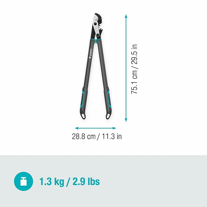 Gardena EnergyCut Astschere Pro L - Schneidsystem Gartenschere: Amboss, Max. Aststärke: 50 mm - Abbildung einer Gartenschere mit den Maßen 75,1 cm Länge und 28,8 cm Breite, Gewicht 1,3 kg.