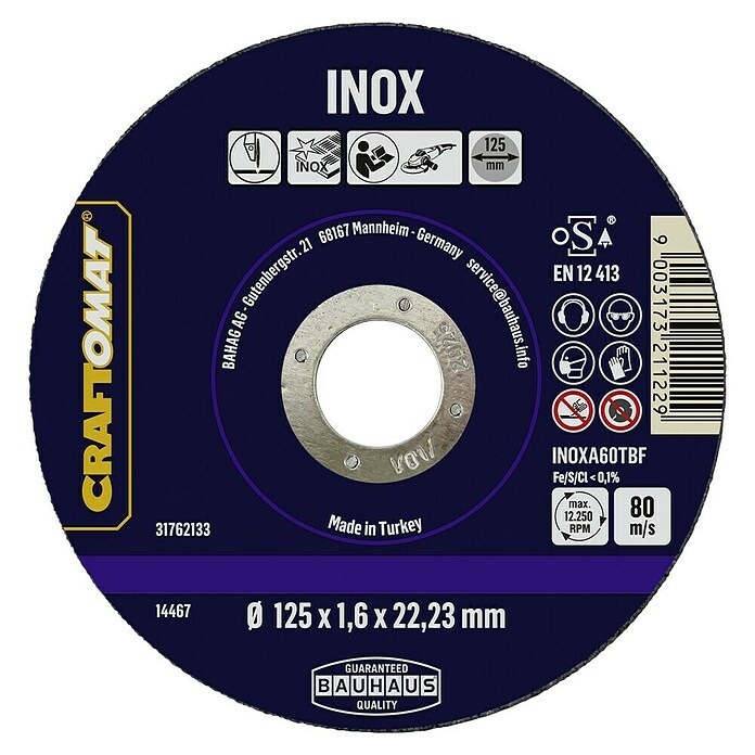 Craftomat Trennscheibe INOXA60TBF (Geeignet für: Edelstahl, Stärke Scheibe: 1,6 mm, Max. Drehzahl: 12 200 U/min) | BAUHAUS