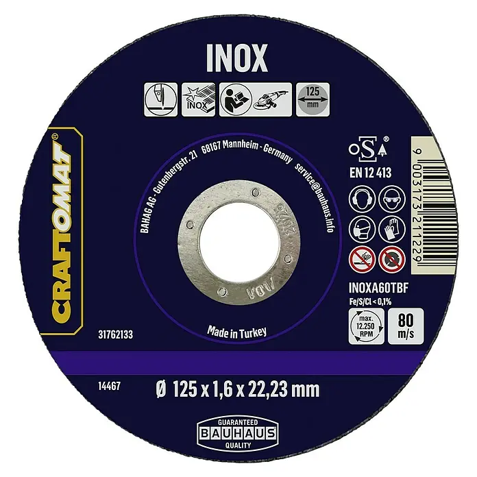 Craftomat Trennscheibe INOXA60TBF - Geeignet für: Edelstahl, Stärke Scheibe: 1,6 mm, Max. Drehzahl: 12.200 U/min - Abbildung einer CRAFTOMAT INOX Trennscheibe mit den Maßen Ø 125 x 1,6 x 22,23 mm, ideal für Metallarbeiten und den Einsatz in der Industrie.