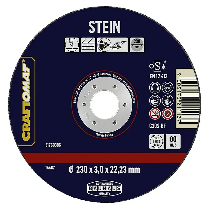 Craftomat Trennscheibe C24R-BF - Geeignet für: Stein, Durchmesser Scheibe: 230 mm, Stärke Scheibe: 3 mm - Abbildung einer Craftomat Trennscheibe Stein, 230 x 3,0 x 22,23 mm, für den Einsatz mit Trennschleifern, ideal zum Schneiden von Steinmaterialien.