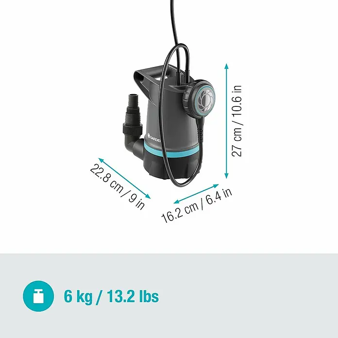 Gardena Klarwasser-Tauchpumpe 20000 Basic - 550 W, Max. Fördermenge: 20.000 l/h - Abbildung einer Gardena Schmutzwasser-Tauchpumpe mit Maßangaben zu Gewicht und Abmessungen.