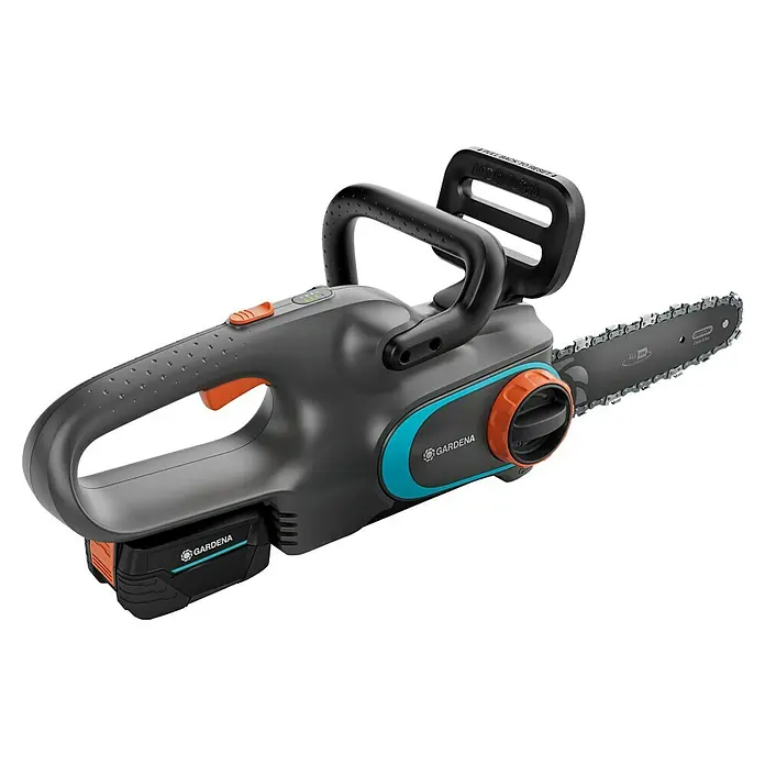 Gardena Power for All 18V Akku-Kettensäge PowerSaw 250/18V - 18 V, 4 Ah, 1 Akku, Schwertlänge: 25 cm - Abbildung einer Gardena Akku-Kettensäge, die für präzise und mühelose Baumpflege konzipiert wurde. Sie kombiniert Leistung mit einfacher Handhabung.