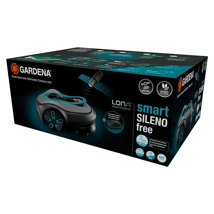 Gardena Mähroboter smart SILENO free - 600 m², Schnittbreite: 22 cm, Satellitengestützte Navigation, GPS - Verpackung des GARDENA smart SILENO free Mähroboters, der kabellos und mit LONA Intelligence für präzises Mähen sorgt.
