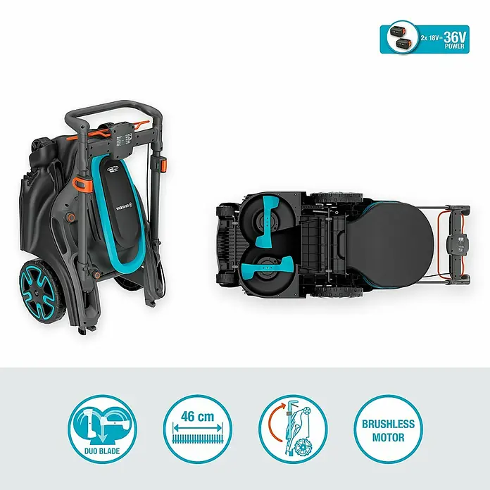 Gardena Power for All 18V Akku-Rasenmäher PowerMax Duo 46/36V - 18 V, 2 Akkus, 4 Ah, Schnittbreite: 46 cm - Bild einer Gardena Akku-Rasenmäher mit Duo-Blade-Technologie, 46 cm Schnittbreite und bürstenlosem Motor, zusammengeklappt und in Betrieb.