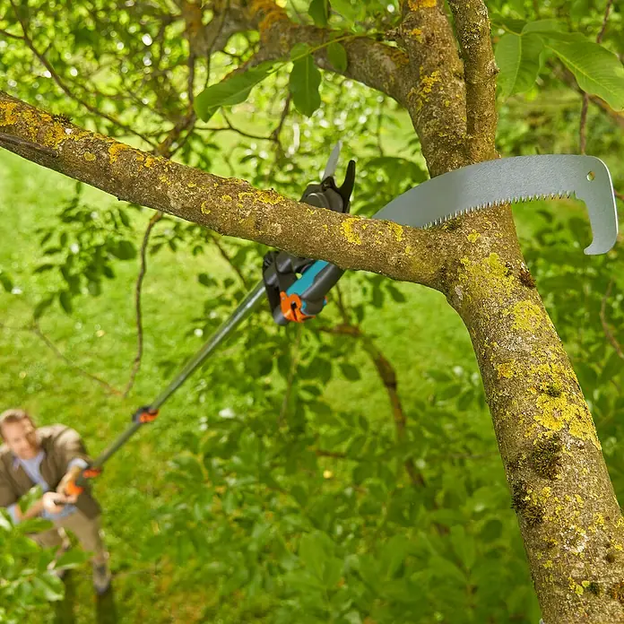 Gardena StarCut Baumsäge Pro L Set - Max. Aststärke: 32 mm, Längenverstellung: 175 cm - 400 cm - Nahaufnahme einer Astsäge beim Schneiden eines Astes, bedient von einer Person mit einem Teleskopstiel für Baumschnittarbeiten.