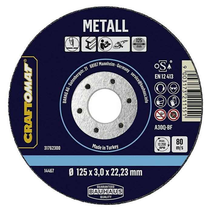Craftomat Doorslijpschijf A30Q-BF (Geschikt voor: Metaal, Schijfdiameter: 125 mm, Dikte plaat: 3 mm) | BAUHAUS