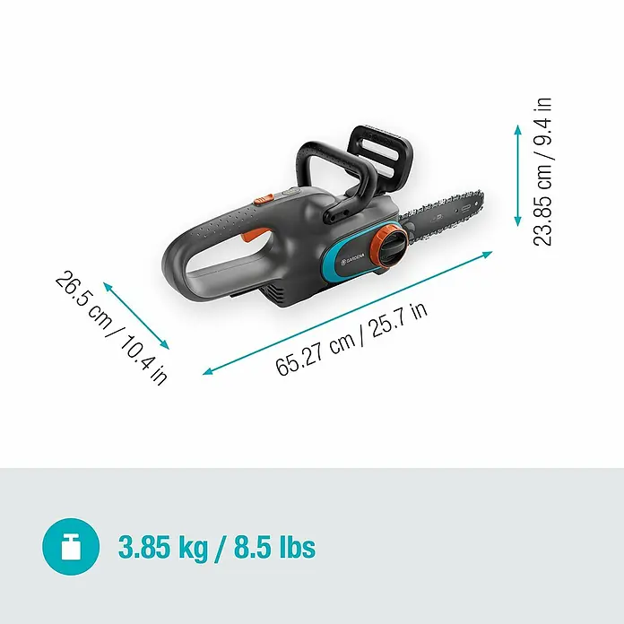 Gardena Power for All 18V Akku-Kettensäge PowerSaw 250/18V - 18 V, Ohne Akku, Schwertlänge: 25 cm - Abbildung der Gardena Akku-Kettensäge mit Maßangaben zu Länge, Höhe, Breite und Gewicht.