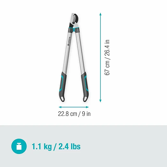 Gardena EasyCut Astschere L - Länge: 670 mm - Abbildung einer Gardena Astschere mit Größen- und Gewichtsangaben.