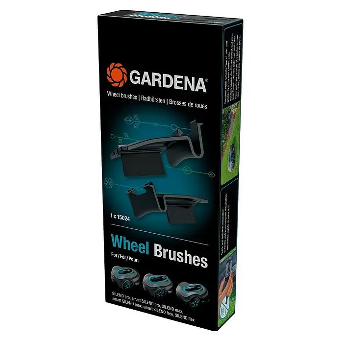 Gardena Bürsten-Set für Rasenmäher - Gardena Mähroboter smart SILENO pro, smart SILENO max und smart SILENO free - Produktverpackung der Gardena Radbürsten, die Räder von Schmutz und Gras befreien. Passend für SILENO pro, max, free und flex Modelle.