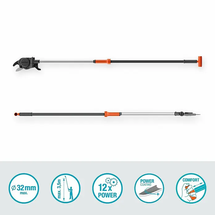 Gardena StarCut Baumschere Pro S - Max. Aststärke: 32 mm - Abbildung eines Gardena-Werkzeugs mit langem Griff, ideal für Gartenarbeiten in großer Höhe. Praktisch, robust und langlebig.