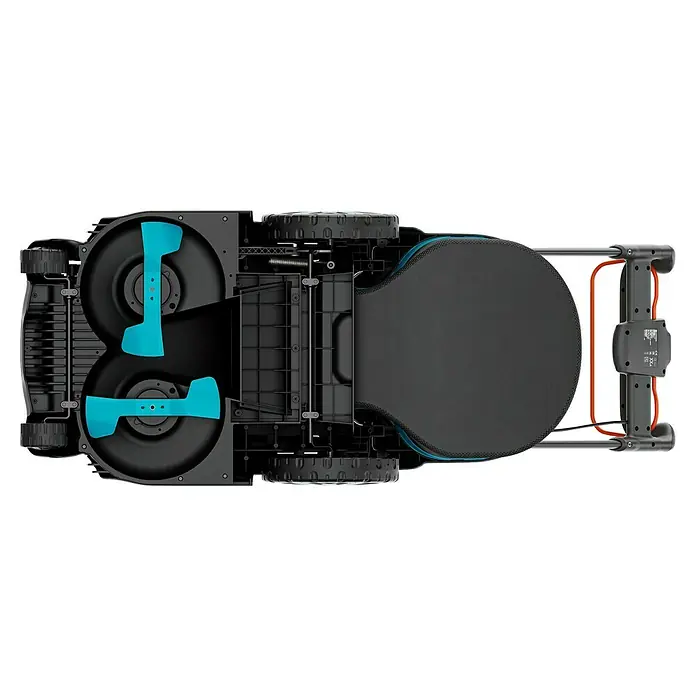 Gardena Power for All 18V Akku-Rasenmäher PowerMax Duo 46/36V - 18 V, 2 Akkus, 4 Ah, Schnittbreite: 46 cm - Ansicht eines Rasenmähroboters von oben. Das Gerät ist schwarz mit blauen Akzenten an den Messern und einem orangen Griff.