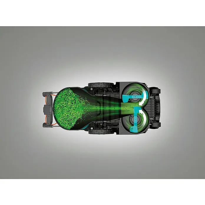 Gardena Power for All 18V Akku-Rasenmäher PowerMax Duo 46/36V - 18 V, 2 Akkus, 4 Ah, Schnittbreite: 46 cm - Ansicht von oben eines Gardena Rasenmähroboters, der Gras schneidet, mit sichtbaren Rotoren und Grasfangkorb.