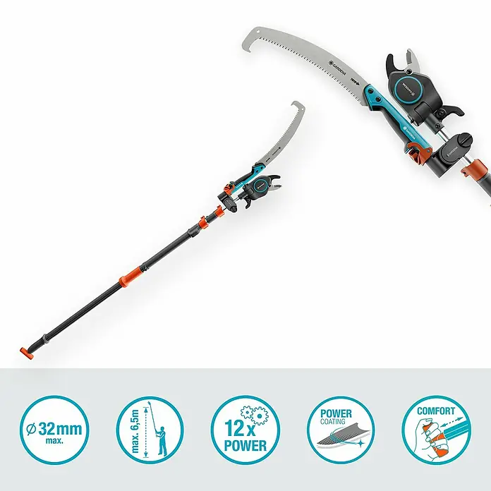 Gardena StarCut Baumsäge Pro L Set - Max. Aststärke: 32 mm, Längenverstellung: 175 cm - 400 cm - Bild einer Gardena Hochentaster mit Säge und Astschere, ideal für Baumpflege in grosser Höhe, mit praktischen Funktionen.