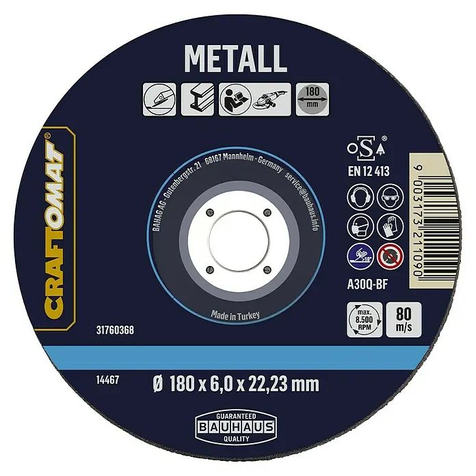 Craftomat Schruppscheibe A30Q-BF - Geeignet für: Metall, Durchmesser Scheibe: 180 mm, Stärke Scheibe: 6 mm - Abbildung einer Craftomat Metalltrennscheibe mit den Maßen 180 x 6,0 x 22,23 mm, ideal für Trennarbeiten an Metall.