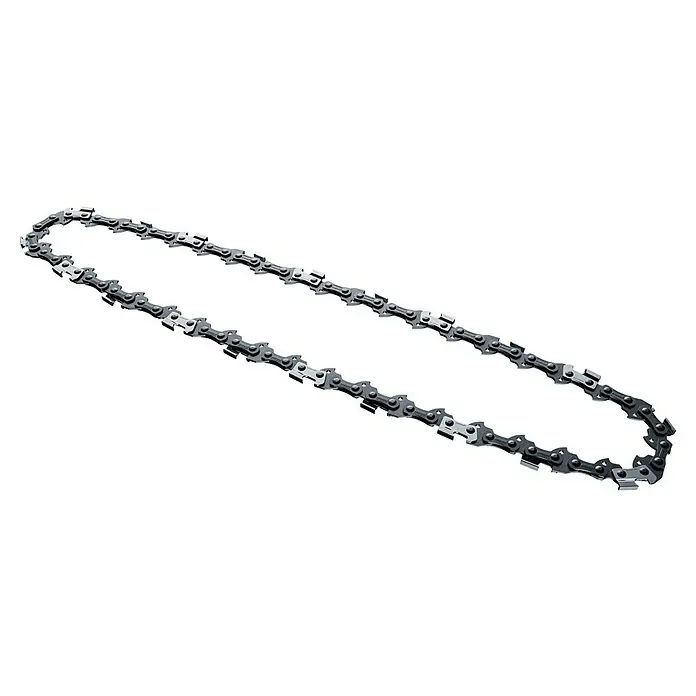 Gardena Power for All 18V Sägekette 3/8" - Passend für: Gardena Akku-Kettensäge PowerSaw 250/18V - Nahaufnahme einer Kettensägenkette, die für Holzarbeiten und Schneidearbeiten verwendet wird und aus mehreren Gliedern besteht.