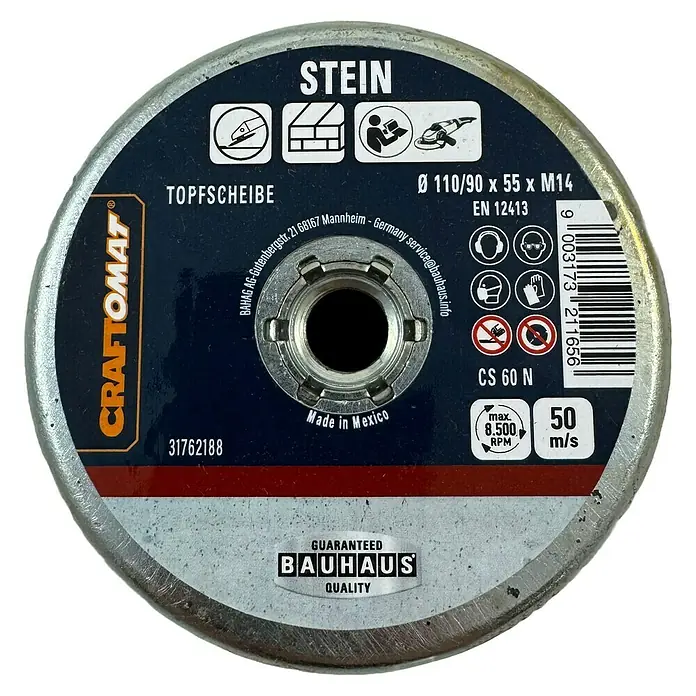 Craftomat Schleiftopf CS60N - Geeignet für: Stein, Max. Arbeitsgeschwindigkeit: 50 m/s - Stein Topfscheibe von Craftomat, geeignet für Winkelschleifer, mit einer maximalen Drehzahl von 8.500 U/min und 50 m/s.