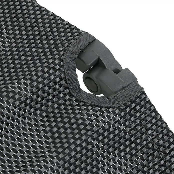 Sunfun Maja Garten-Liegestuhl - Aluminium, Textil, Rückenlehne verstellbar, Anthrazit, B x T x H: 61 x 69 x 111 cm - Nahaufnahme eines schwarzen Stoffes mit einem grauen Verschluss, der an einer Outdoor-Ausrüstung befestigt ist.