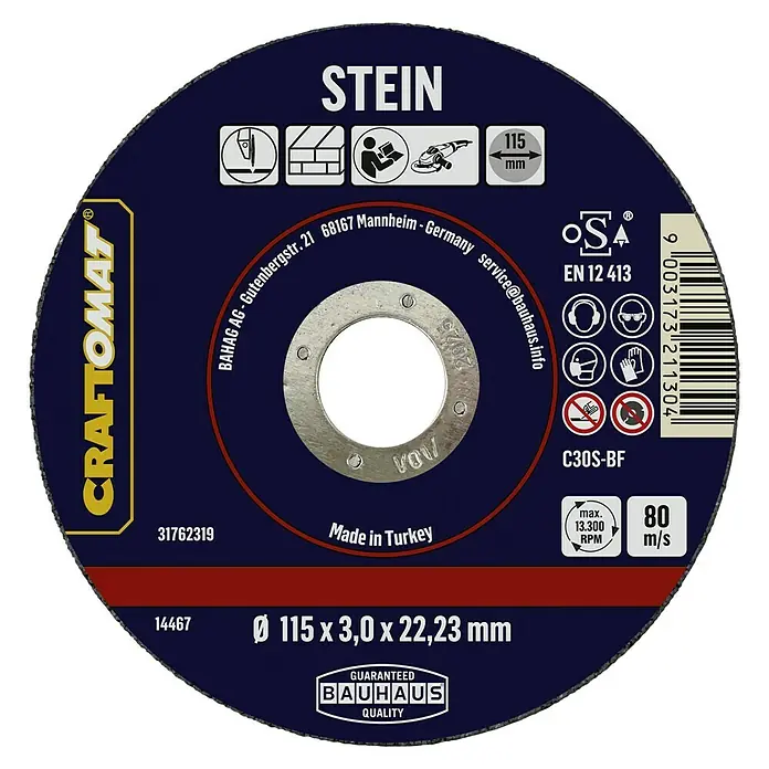 Craftomat Trennscheibe C24R-BF - Geeignet für: Stein, Durchmesser Scheibe: 115 mm, Stärke Scheibe: 3 mm - Das Bild zeigt eine Craftomat Trennscheibe "Stein" mit den Maßen 115 x 3,0 x 22,23 mm, geeignet für Steinarbeiten und hergestellt in der Türkei.