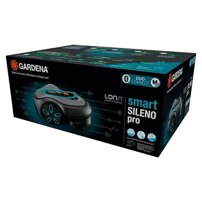Gardena Mähroboter smart SILENO pro 600 m² - 600 m², Schnittbreite: 16 cm, Induktionsgestützte Navigation, Begrenzungskabel - Produktverpackung des Gardena Smart SILENO pro Mähroboters mit den Logos von Gardena, Duo Connect und LONA Intelligence.
