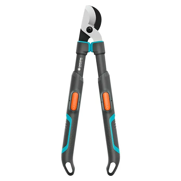 Gardena Astschere TeleCut Pro S - Max. Aststärke: 50 mm - Eine hochwertige Gardena Astschere mit grauem Griff, blauen Akzenten und orangenen Knöpfen, ideal für den präzisen Baumschnitt.