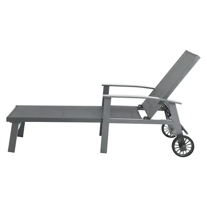 Sunfun Maja Gartenliege - B x T x H: 170,5 x 63,5 x 102 cm, Aluminium, Anthrazit, Rollbar - Abbildung eines grauen Gartenliegenmodells mit verstellbarer Rückenlehne und Rädern für einfachen Transport.