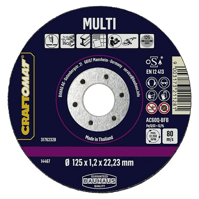Craftomat Trennscheibe AC60Q-BFB Multi - Geeignet für: Aluminium, Durchmesser Scheibe: 125 mm, 1 Stk. - Bild einer Craftomat Multi Trennscheibe mit 125 mm Durchmesser, geeignet für verschiedene Materialien und Anwendungen.