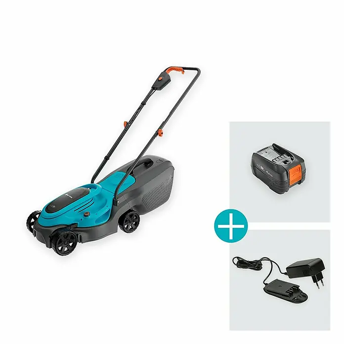Gardena Power for All 18V Akku-Rasenmäher EasyMax 32/18V - 18 V, 1 Akku, 4 Ah, Schnittbreite: 32 mm - Blauer und grauer Akku-Rasenmäher mit Akku und Ladegerät.