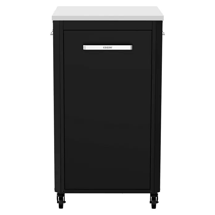 Cozze Outdoorküchen-Modul hoch - Schwarz/Silber, B x T x H: 60 x 60 x 110 cm - Produktansicht des schwarzen Cozze-Grillwagens mit Arbeitsplatte, praktischen Griff und Rollen für Mobilität.