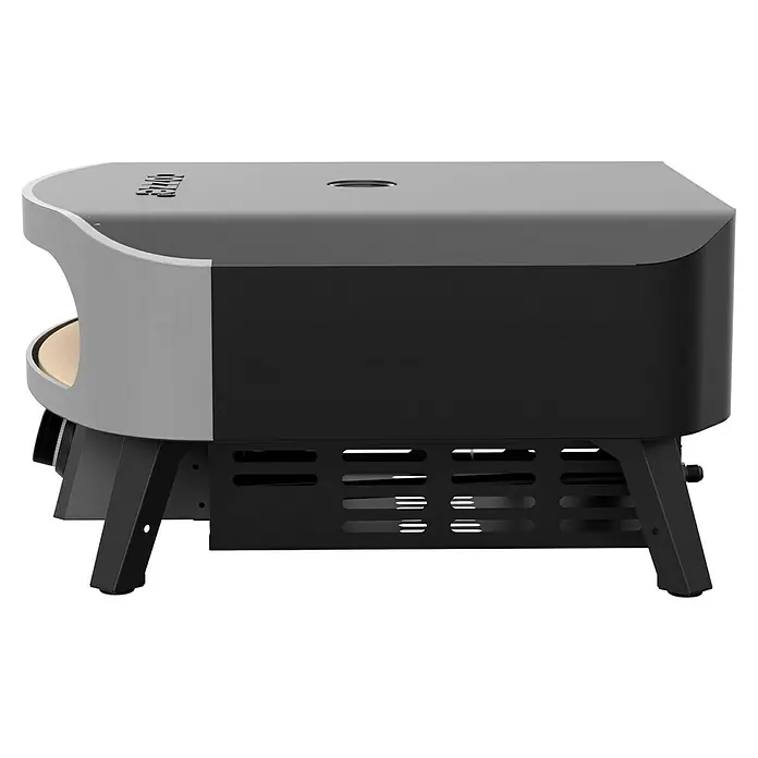 Cozze Pizzaofen Classic 17" - Grillfläche (B x T): 42,5 x 42,5 cm, 8 kW - Seitenansicht des modernen Pizzaofens mit schlankem Design in Grau und Schwarz. Er verfügt über eine integrierte Steinplatte und ein Untergestell.