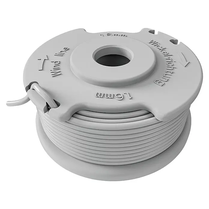 Gardena Ersatzfadenspule - Fadenlänge: 4 m, Fadenstärke: 1,6 mm, Passend für: EasyTrim-Modelle von GARDENA - Das Produkt ist eine Spule mit 1,6 mm starkem Trimmerfaden. Sie ist hellgrau und mit Wickelrichtungshinweisen versehen.