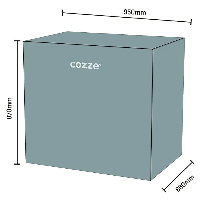 Cozze Grill-Schutzhülle - Passend für: Cozze Grillküchen-Sideboard niedrig, Kunststoff - Abbildung eines Cozze-Produkts mit Maßangaben. Die Abmessungen sind 950mm Breite, 870mm Höhe und 660mm Tiefe.