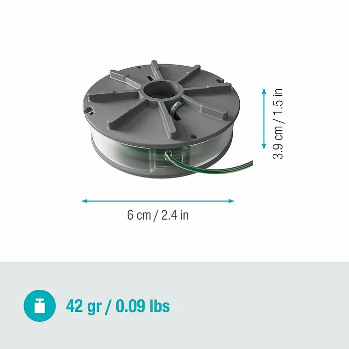 Ersatzfadenspule - Fadenlänge: 4 m, Fadenstärke: 2 mm, Passend für: PowerTrim-Modelle von GARDENA - Nahaufnahme einer Spule mit Trimmerfaden, Produktabmessungen und Gewicht sind dargestellt.