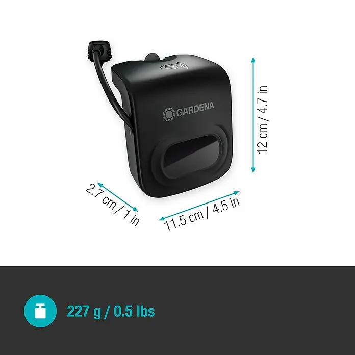 Gardena Antikollisionsradar für Mähroboter - Gardena Mähroboter smart SILENO pro, smart SILENO max, smart SILENO free - Das Bild zeigt eine GARDENA Bewässerungssteuerung mit Maßangaben und Gewichtsangabe.