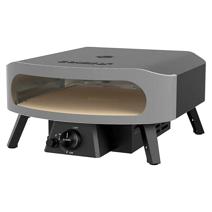 Cozze Pizzaofen Classic 17" - Grillfläche (B x T): 42,5 x 42,5 cm, 8 kW - Das Bild zeigt einen Cozze Pizzaofen in Grau und Schwarz. Ein Knopf zum Einstellen der Temperatur ist deutlich sichtbar.