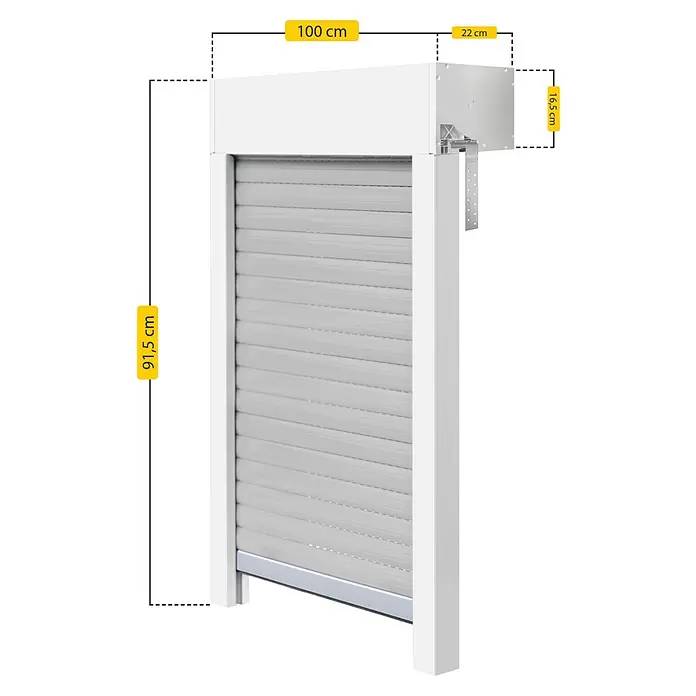 Schellenberg Rollladen-Komplett-Set MINI - Aufsatz, 100 x 75 cm - Weißer Rollladen, 100 cm breit, 91,5 cm hoch, mit 22x16,5 cm Kasten.