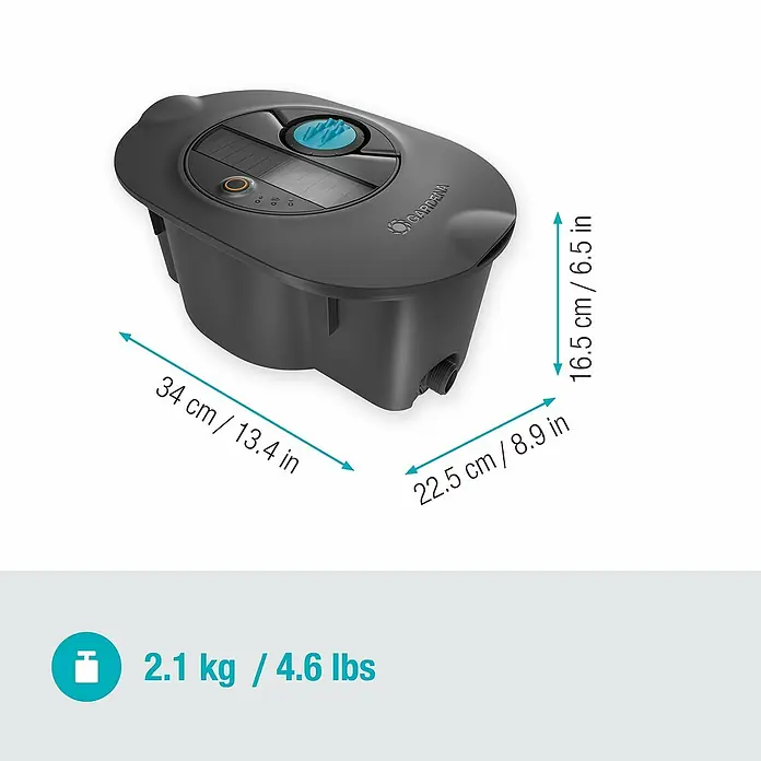 Gardena Sprinklersystem Versenkregner-Set AquaPrecise Basis - Max. Regnerfläche: 320 m², Reichweite ca.: 2 m - 10 m - Bild einer Gardena Bewässerungsbox mit Größenangaben, die ihre Abmessungen und ihr Gewicht hervorheben.