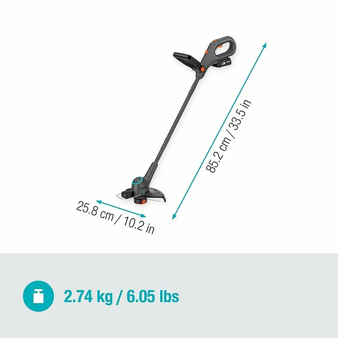 Gardena Power for All 18V Akku-Rasentrimmer EasyTrim 25/18V - 18 V, 2 Ah, Li-Ionen, 1 Akku, Schnittbreite Faden: 25 cm - Abbildung eines Gardena Akku-Rasentrimmers mit den Maßen 85,2 cm Länge und 25,8 cm Breite, Gewicht 2,74 kg.