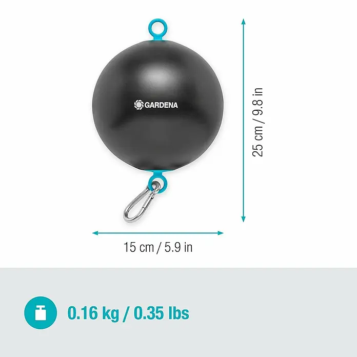Gardena Schwimmer - Passend für: GARDENA Saugfilter ab 2025 mit Saugschlauch-Durchmesser: 25 mm (1") - Abbildung eines GARDENA Balls, der sich ideal zum Bewässern von hängenden Blumentöpfen eignet, mit Größenangaben und Gewicht.